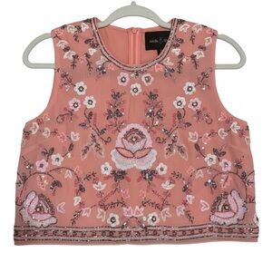 Needle & Thread Pink coral Sequin beaded Floral Crop Top hidden zipper back